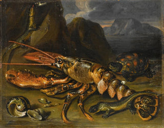 Still life with lobster, lizards, and turtle - Marco de Caro — artwork view
