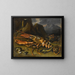 Still life with lobster, lizards, and turtle - Marco de Caro — framed artwork on a wall