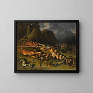 Still life with lobster, lizards, and turtle - Marco de Caro — framed artwork on a wall