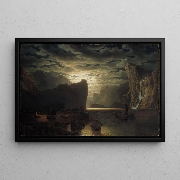 Norwegian fjord painting in moonlight, Sognefjord motif - Marcus Larson — framed artwork on a wall