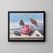 Still life with insects around a rose on a stone ledge - Margareta de Heer — framed artwork on a wall