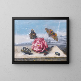 Still life with insects around a rose on a stone ledge - Margareta de Heer — framed artwork on a wall