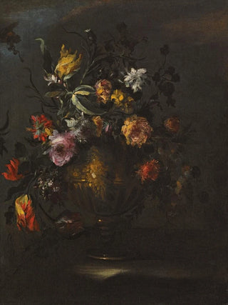 Margherita Caffi - A Still Life Of Roses Tulips And Other Flowers In A Bronze Vase On A Stone Ledge.webp