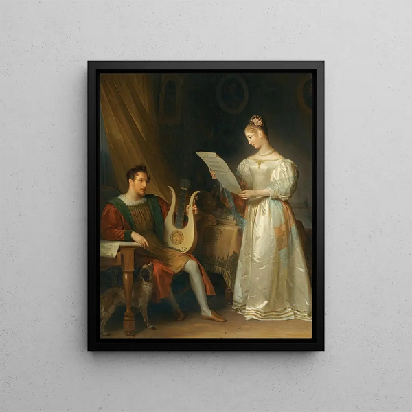 Interior painting with a man holding a lyre and a woman holding sheet music - Marguerite Gérard — framed artwork on a wall