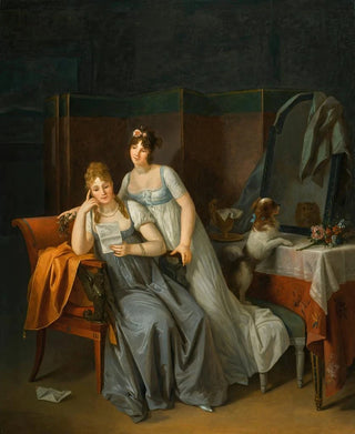 Marguerite Grard - Two Ladies In An Interior Reading a Letter With a Dog On a Bench Looking Into a Mirror.webp