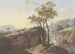Landscape painting with a waterfall crossed by a footbridge, on the left a farmer leads two cows at the bottom, in the background a ruin - Maria Dorothea Wagner — artwork view