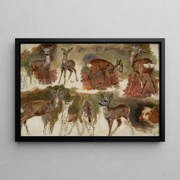 Studies of does - Maria Kazanowska — framed artwork on a wall