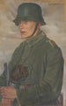 Soldier with steel helmet and gas mask after 1914 - Maria Marga Thomas — artwork view