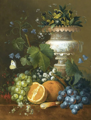 Maria Margrita van Os - A Still Life With Violets Grapes And Oranges On A Ledge.webp
