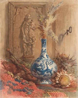 Maria Vos - Stilleven met Chinese vaas en gedroogde zonnebloemen.webp