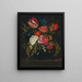 Nature morte de roses, d'œillets, d'une tulipe et d'autres fleurs dans un vase en verre - Maria van Oosterwijck — framed artwork on a wall