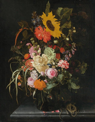 Maria van Oosterwijck - Still Life Of Roses Carnations Marigolds And Other Flowers With A Sunflower And Striped Grass.webp