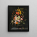 Nature morte de roses, d'œillets, de soucis et d'autres fleurs avec un tournesol et de l'herbe rayée - Maria van Oosterwijck — framed artwork on a wall