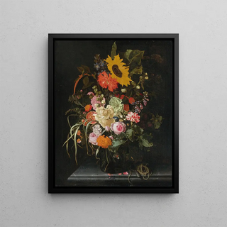 Maria van Oosterwijck - Still Life Of Roses Carnations Marigolds And Other Flowers With A Sunflower And Striped Grass.webp