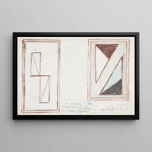 Światowid and Chwalibóg on the sacred hill of the Prasowiens, double-sided drawing with sketches of abstract works - Marian Kopf — framed artwork on a wall