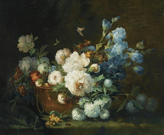 a Still life with flowers, peonies, irises, hydrangeas in a copper teapot, a scarab beetle, and butterflies - Marie Beloux Hodieux — artwork view