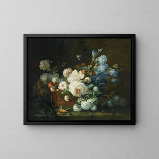 a Still life with flowers, peonies, irises, hydrangeas in a copper teapot, a scarab beetle, and butterflies - Marie Beloux Hodieux — framed artwork on a wall