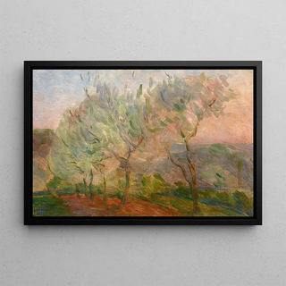 Landscape painting with trees and sunset - Marie Bracquemond — framed artwork on a wall