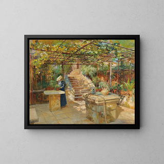 An amateur of flowers on a sunlit terrace - Marie Egner — framed artwork on a wall