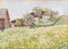 Farmhouses with a white flowering field in front - Marie Egner — artwork view