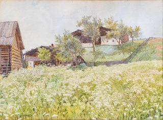 Farmhouses with a white flowering field in front - Marie Egner — artwork view