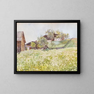 Farmhouses with a white flowering field in front - Marie Egner — framed artwork on a wall