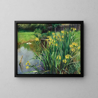 Yellow Irises by a Pond - Marie Egner — framed artwork on a wall