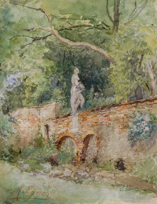 Marie Egner - Ziegelbrcke mit einer Steinfigur Mdling.webp