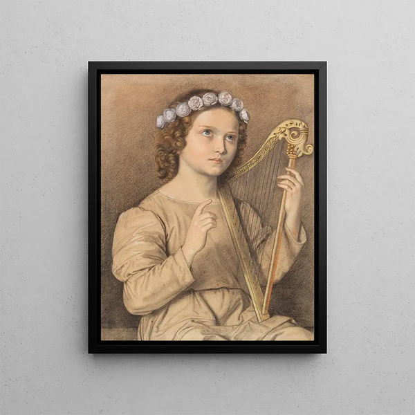 Girl crowned with flowers with harp Saint Cecilia - Marie Ellenrieder — framed artwork on a wall