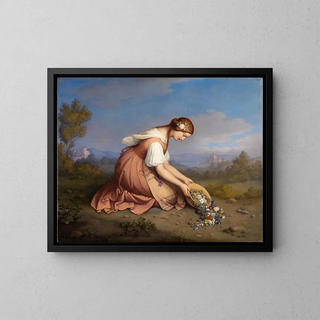 Girl kneeling pouring a basket of flowers - Marie Ellenrieder — framed artwork on a wall