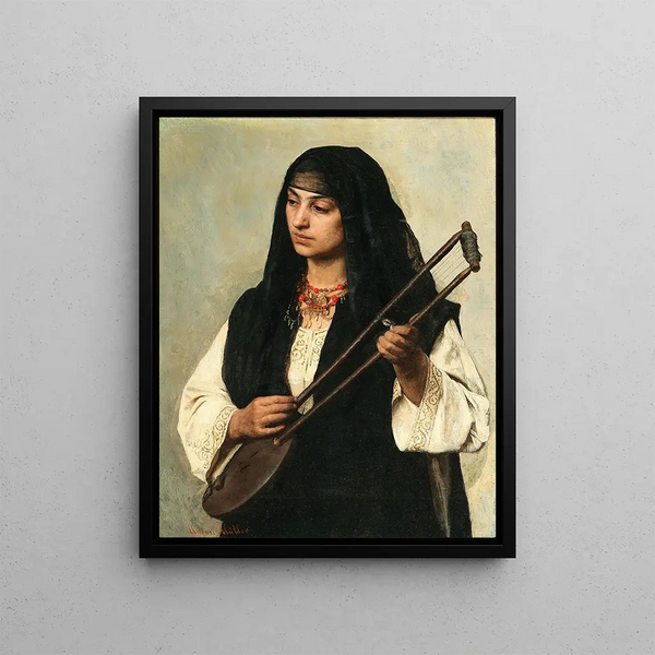 Portrait of an Egyptian woman with Tanbura - Marie Müller — framed artwork on a wall