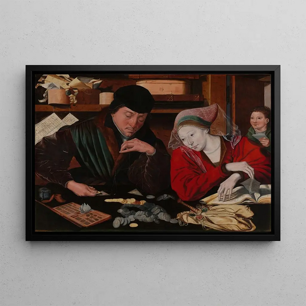 The banker and his wife - Marinus van Reymerswaele — framed artwork on a wall