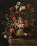 Lily, carnations, roses, and other flowers in a golden urn with bas-relief on a stone ledge - Mario Nuzzi — artwork view
