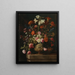 Lily, carnations, roses, and other flowers in a golden urn with bas-relief on a stone ledge - Mario Nuzzi — framed artwork on a wall