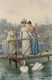 Young women feeding swans - Mario Spinetti — artwork view