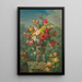 Roses poppies, hollyhocks, pansies, and wisteria in a stone urn supported by cherubs on a pedestal - Marius Vasselon — framed artwork on a wall