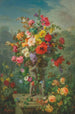 Roses poppies, hollyhocks, pansies, and wisteria in a stone urn supported by cherubs on a pedestal - Marius Vasselon — artwork view