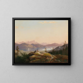 View of Lake Wörthersee with Maria Loretto and Freyenthurn Castle - Marko Pernhart — framed artwork on a wall