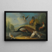 Still life with a peacock, pigeons, and hens in a river landscape - Marmaduke Cradock — framed artwork on a wall