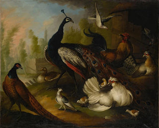 a gathering of birds in a park including chickens, peacocks, and a duck - Marmaduke Cradock — artwork view