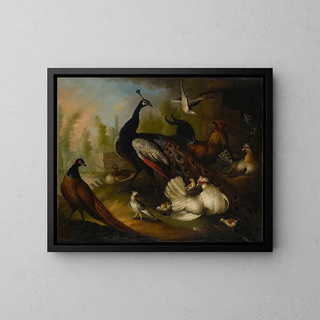 a gathering of birds in a park including chickens, peacocks, and a duck - Marmaduke Cradock — framed artwork on a wall