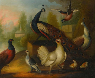Peacocks, hens, and other birds in a river landscape - Marmaduke Cradock — artwork view