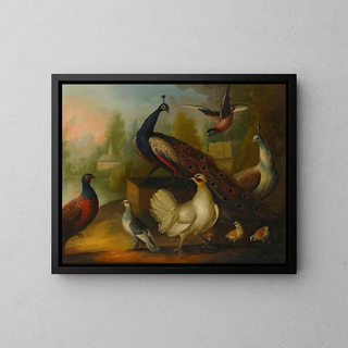 Peacocks, hens, and other birds in a river landscape - Marmaduke Cradock — framed artwork on a wall