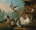 Still life with roosters, ducks, a kingfisher, and a pigeon in a river landscape - Marmaduke Cradock — artwork view