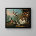 Still life with roosters, ducks, a kingfisher, and a pigeon in a river landscape - Marmaduke Cradock — framed artwork on a wall