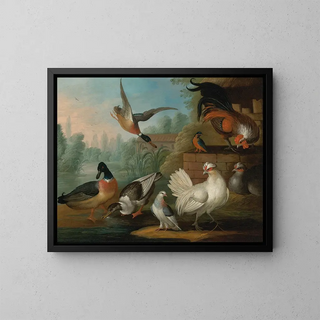 Still life with roosters, ducks, a kingfisher, and a pigeon in a river landscape - Marmaduke Cradock — framed artwork on a wall