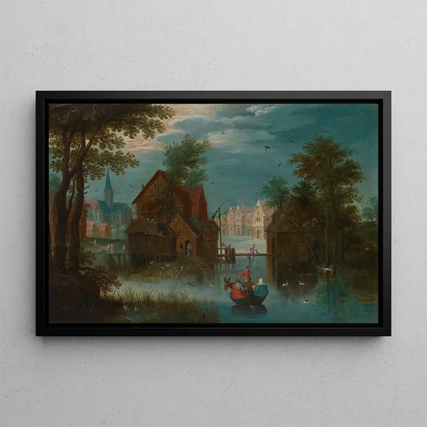 Landscape painting with a boat and a church in the distance - Marten Ryckaert — framed artwork on a wall