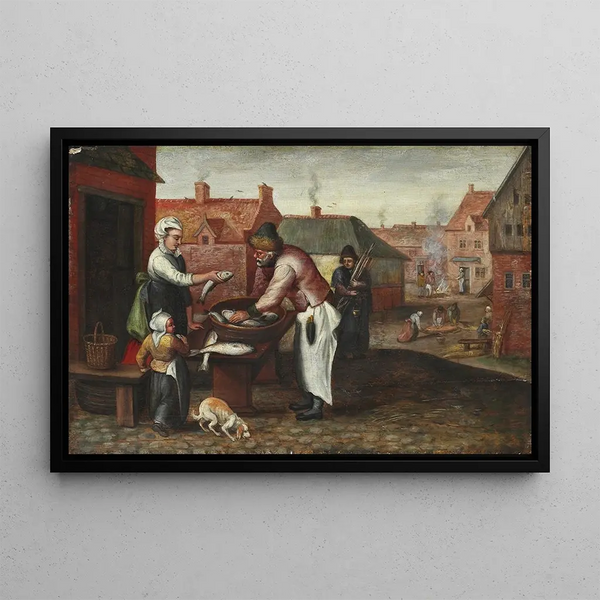 The Fishmonger - Marten van Cleve — framed artwork on a wall