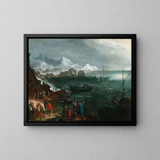 a port scene with many figures in winter - Martin Hermann Faber — framed artwork on a wall