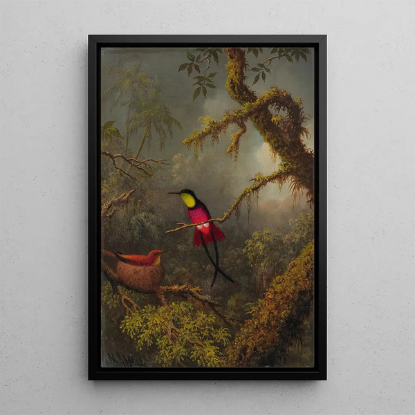 a couple of topaz crimson hummingbirds nesting - Martin Johnson Heade — framed artwork on a wall